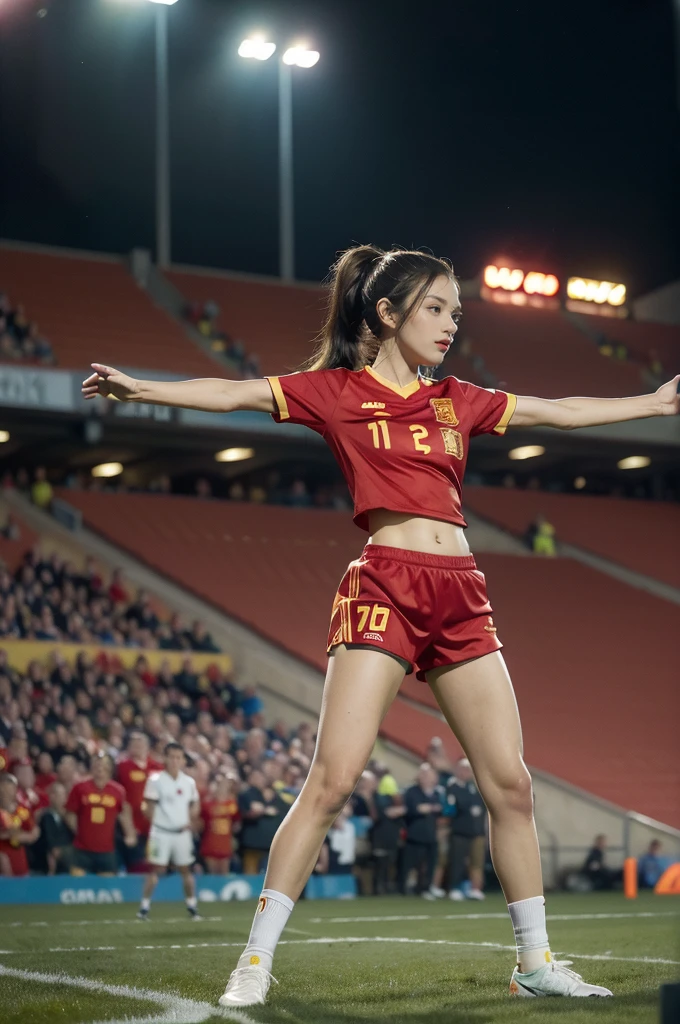 (((best quality))),(((ultra detailed))),(((masterpiece))),illustration,((1 beautiful girl,female footballer,solo)),((small breasts,flat chest)),((slim,thin)),summer night,stadium,crowded stands,enthusiastic spectators,football match,(short ponytail:1.2),(short sleeves:1.2),((Spain team kit,red shirt,blue shorts)),(slender legs:1.2),(football:1.3),fluid movements,powerful,sweat,forehead,exhaustion,passion for football,purposeful running,electric atmosphere,crowd roar,critical juncture,pressure,undeterred,floodlights,luminous glow,long shadows,drama,breathtaking sight,raw passion,unbridled energy,determination,skill,embodiment of sport's spirit,strength,resilience of human spirit,(standing:1.3),(arms behind back:1.2),((from front,full body))