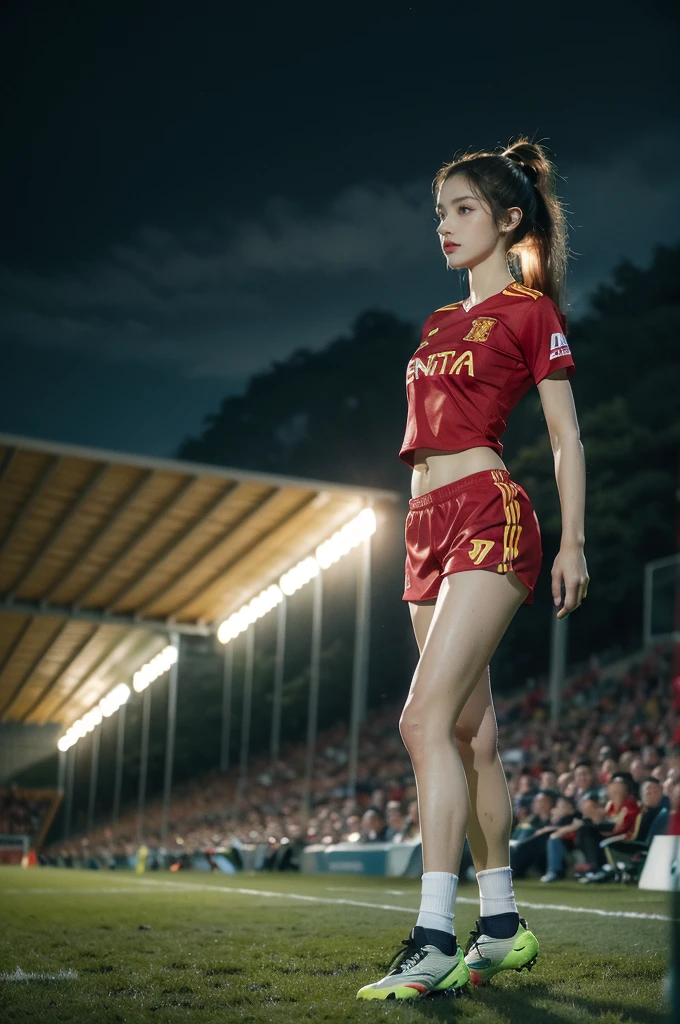 (((best quality))),(((ultra detailed))),(((masterpiece))),illustration,((1 beautiful girl,female footballer,solo)),((small breasts,flat chest)),((slim,thin)),summer night,stadium,crowded stands,enthusiastic spectators,football match,(short ponytail:1.2),(short sleeves:1.2),((Spain team kit,red shirt,blue shorts)),(slender legs:1.2),(football:1.3),fluid movements,powerful,sweat,forehead,exhaustion,passion for football,purposeful running,electric atmosphere,crowd roar,critical juncture,pressure,undeterred,floodlights,luminous glow,long shadows,drama,breathtaking sight,raw passion,unbridled energy,determination,skill,embodiment of sport's spirit,strength,resilience of human spirit,(standing:1.3),(arms behind back:1.2),((from front,full body))