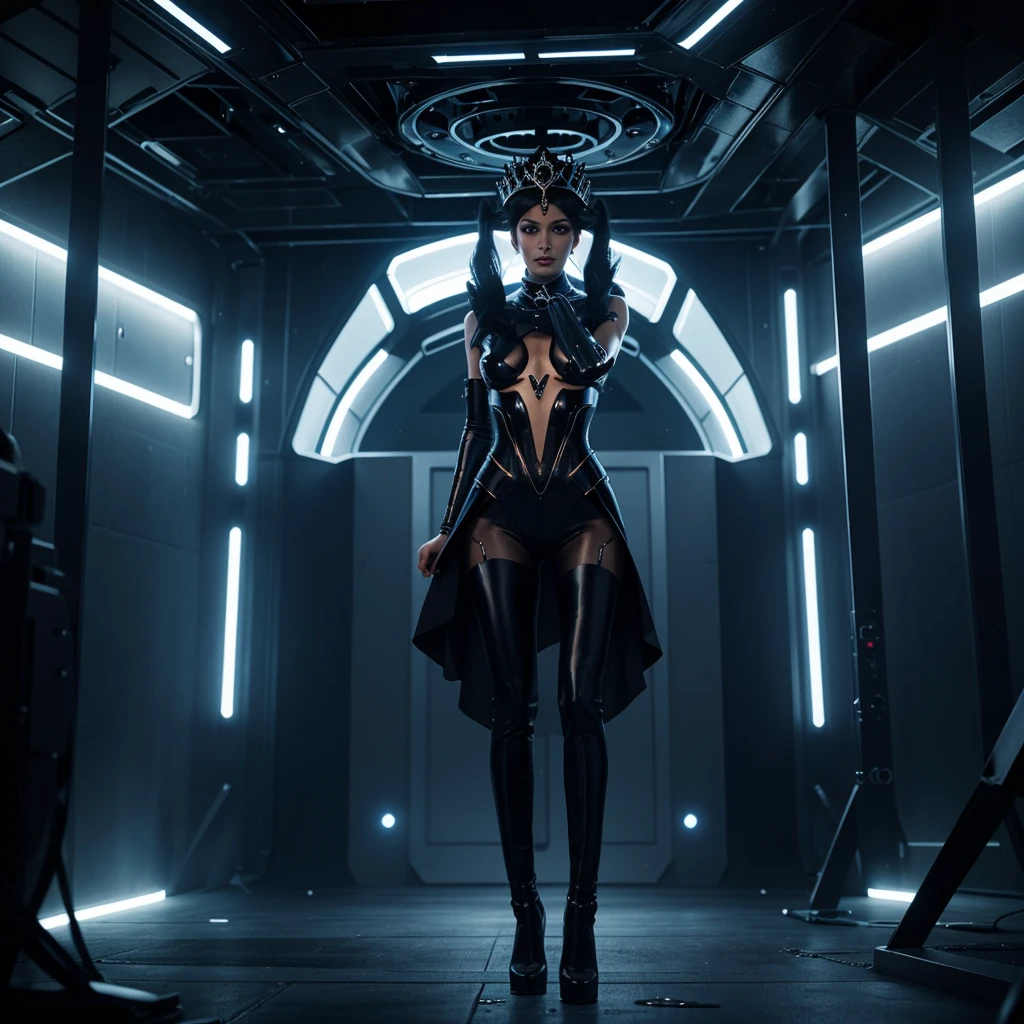 Full-body shot of an alluring woman in a luxurious headpiece resembling a crown with futuristic elements. She has long legs and a highly seductive figure, with a face characterized by glowing eyes and sharp features. Her outfit is a transparent, form-fitting material with integrated glowing lines. Background: a post-apocalyptic setting with remnants of advanced technology. Pose: one hand raised, as if addressing an audience or controlling advanced technology, her stance both commanding and sensual.