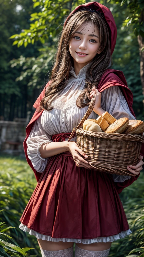 4K, Realistic,Very detailed,((Big Breasts))、18-year-old、((smile))、(Little Red Riding Hood)、(Medieval clothing)、(mini skirt)、Thigh-high stockings、(Carrying a basket of bread and wine)、grassland、((Delicate painting))，(Detailed RAW photos of girls), (Masterpiece:1.25), (Highest quality:1.6), (Ultra-high resolution:1.5), (Realistic:1.75), 8K resolution,:1.6),  Canon EOS R5, 50mm,Very detailedな,Cinema Lighting