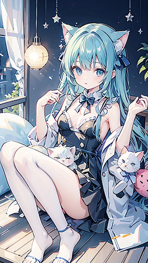 Felicia, blue hair, green eyes, cute smile, happy, big breats, big ass, in a train with a cat theme, sitting in a table drinking coffe.
