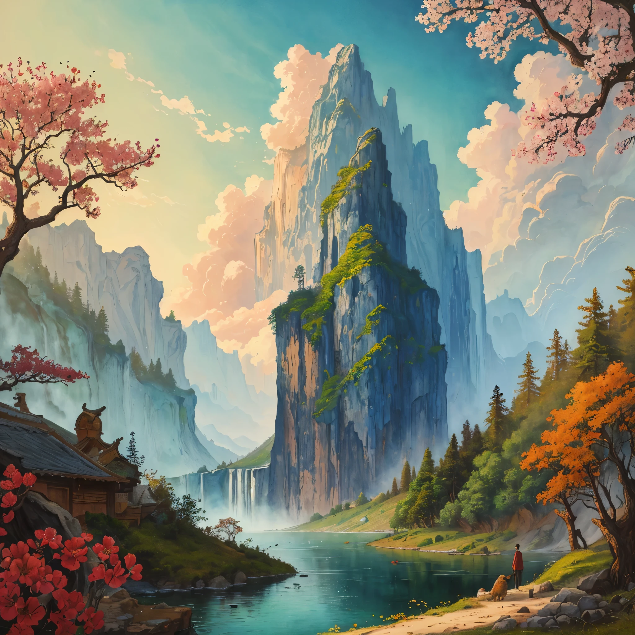 highres,absurdres,Highly detailed,ultra-fine painting,celluloid,fantasyArt,cinematic_lighting,waterfall,lake,spring,forest,chinese_style_loft,(masterpiece,high quality,best quality:1.3),sun,sky,nature,river,outdoors,cirrus,Cirrocumulus,stratus,road,flower,animals,
