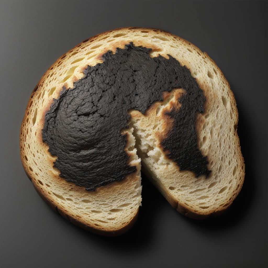 a photorealistic a piece of burnt bread, black as coal. White background, perfect white background