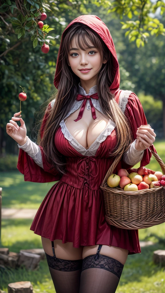 4K, Realistic,Very detailed,((Big Breasts))、18-year-old、((smile))、(Little Red Riding Hood)、(Medieval clothing)、(mini skirt)、Thigh-high stockings、(Holding a basket of bread and apples)、grassland、((Delicate painting)),(Detailed RAW photos of girls), (Masterpiece:1.25), (Highest quality:1.6), (Ultra-high resolution:1.5), (Realistic:1.75), 8K resolution,:1.6), Canon EOS R5, 50mm,Very detailedな,Cinema Lighting