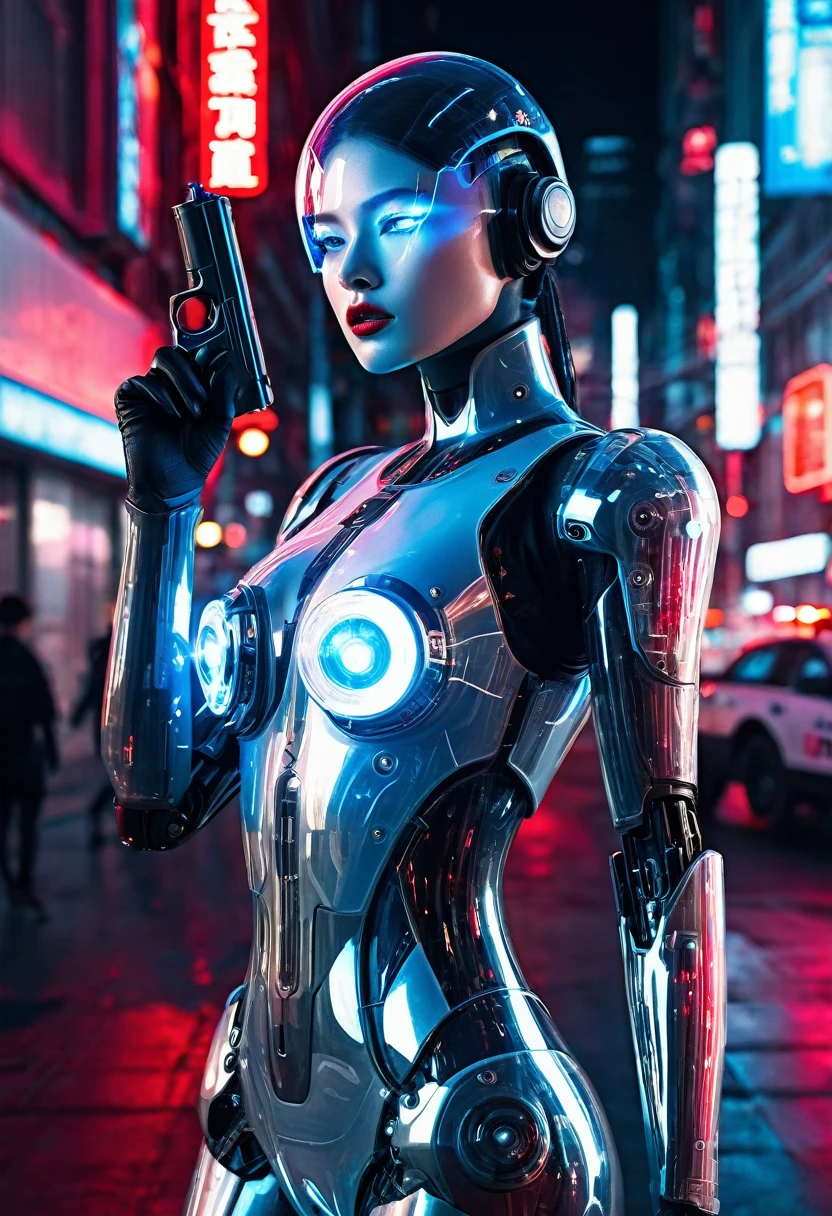 Exquisite illustrations with imaginative cyberpunk surrealist photograph.The story depicts a police android searching for criminals in the future.Android The body is translucent, so you can see the mechanism inside.Androids are like androids made from mannequins.The body is The whole body is organic and white translucent.The head and face are just like a mannequin, with no emotion whatsoever.The translucent body emits a clear red neon light.Many beautiful mechanisms can be seen from the body.In one hand holds a white translucent electromagnetic handgun,An eerie red light from the muzzle of a handgun.Night futuristic city background,There are numerous police cars patrol lights flashing 、 no-entry tape strung up all around.Ultra high resolution photos,Ultra high quality, ultra high resolution,(Masterpiece, best quality, 16k:1.5).Ultra detail,Cinema lighting, ultra-fine painting,Professional photography,