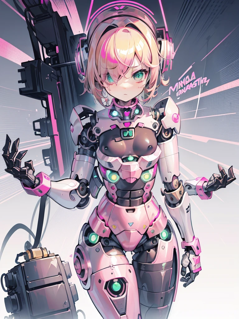 (masterpiece), best quality, expressive eyes, perfect face, blonde hair, curly hair, green eyes, robot, robot lady, robot features, female robot, solo, (pink metal:1.5), pink robot, small breasts, thick thighs, short hair, shy expression, metal face, robot face, hair over one eye