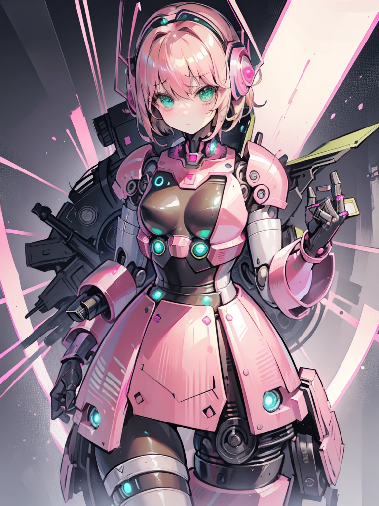 (masterpiece), best quality, expressive eyes, perfect face, blonde hair, curly hair, green eyes, robot, robot lady, robot features, female robot, solo, (pink metal:1.5), pink robot, small breasts, thick thighs, short hair, shy expression, metal face, robot face, hair over one eye