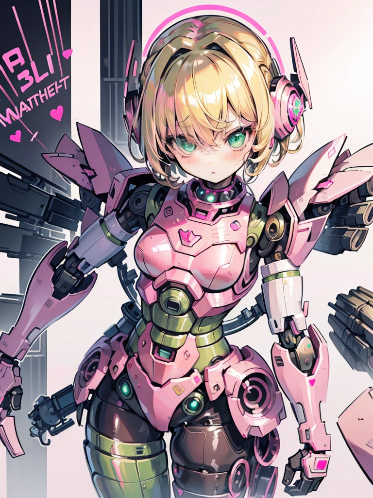 (masterpiece), best quality, expressive eyes, perfect face, blonde hair, curly hair, green eyes, robot, robot lady, robot features, female robot, solo, (pink metal:1.5), pink robot, small breasts, thick thighs, short hair, shy expression, metal face, robot face, hair over one eye