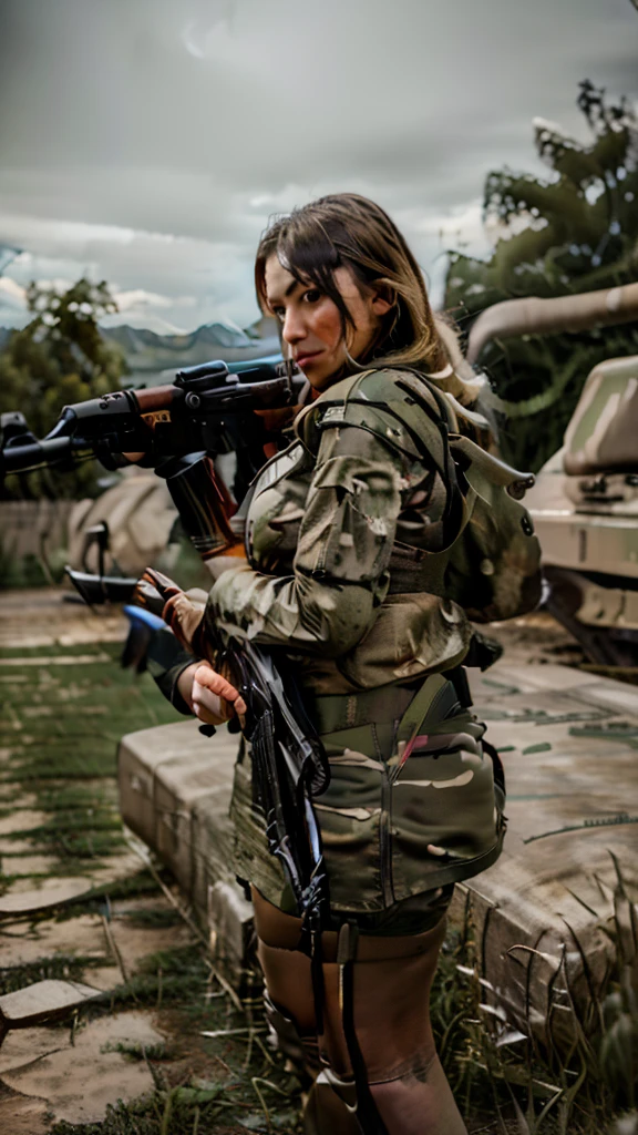 8k , quality, Artwork,arme , fusil d'assaut FAMAS, Special Force Woman, Tanks in scenery, large breast