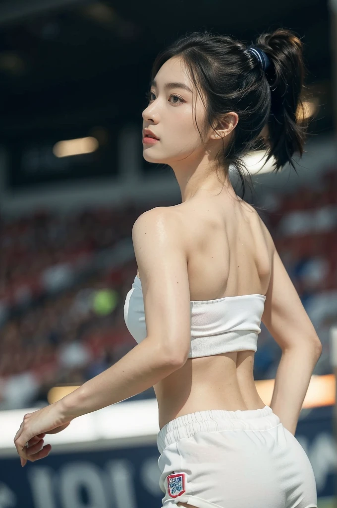 (((best quality))),(((ultra detailed))),(((masterpiece))),illustration,((1 beautiful girl,female footballer,solo)),((shoulder off,strapless,bare back,towering hips,butt crack)),((slim,thin)),summer night,stadium,crowded stands,enthusiastic spectators,football match,(short ponytail:1.2),(short sleeves:1.2),((England team kit,white shirt,Navy shorts)),(slender legs:1.2),(football:1.3),fluid movements,powerful,sweat,forehead,exhaustion,passion for football,purposeful running,electric atmosphere,crowd roar,critical juncture,pressure,undeterred,floodlights,luminous glow,long shadows,drama,breathtaking sight,raw passion,unbridled energy,determination,skill,embodiment of sport's spirit,strength,resilience of human spirit,(standing:1.3),((from back,upper body))