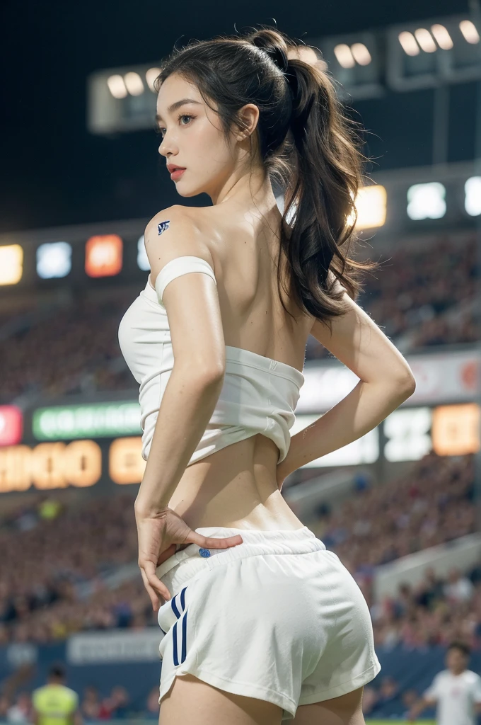 (((best quality))),(((ultra detailed))),(((masterpiece))),illustration,((1 beautiful girl,female footballer,solo)),((shoulder off,strapless,bare back,towering hips,butt crack)),((slim,thin)),summer night,stadium,crowded stands,enthusiastic spectators,football match,(short ponytail:1.2),(short sleeves:1.2),((England team kit,white shirt,Navy shorts)),(slender legs:1.2),(football:1.3),fluid movements,powerful,sweat,forehead,exhaustion,passion for football,purposeful running,electric atmosphere,crowd roar,critical juncture,pressure,undeterred,floodlights,luminous glow,long shadows,drama,breathtaking sight,raw passion,unbridled energy,determination,skill,embodiment of sport's spirit,strength,resilience of human spirit,(standing:1.3),((from back,upper body))