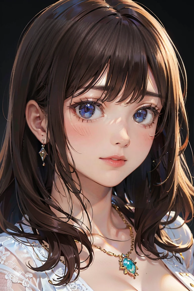 (masterpiece, Highest quality:1.3), (Very detailed:1.2), (hyperRealistic:1.3), (RAW Photos:1.2), High resolutionRAWカラー写真, Professional photos, (PhotoRealistic:1.4), (Realistic:1.4), (Brown Hair:1.5), Professional Lighting, Perfect Anatomy, (Big Breasts:1.2), (blush, Detailed face), (Smile:1.7), sexy, erotic sexy, ((Portraiture)), She has a sophisticated and attractive appearance., Striking black eyes.long hair, Curly Hair,her hair is black, Bright red stripes, Create dramatic contrast. She has a confident and seductive look, Exudes elegance and mystery. Her skin is white, She wears elegant jewelry, Includes a delicate necklace. She is wearing a simple blouse., Highlighting her elegant and captivating presence. ((Portraiture, High resolution, Dark Background)),She wears glasses,Bright atmosphere,smile,28-year-old female