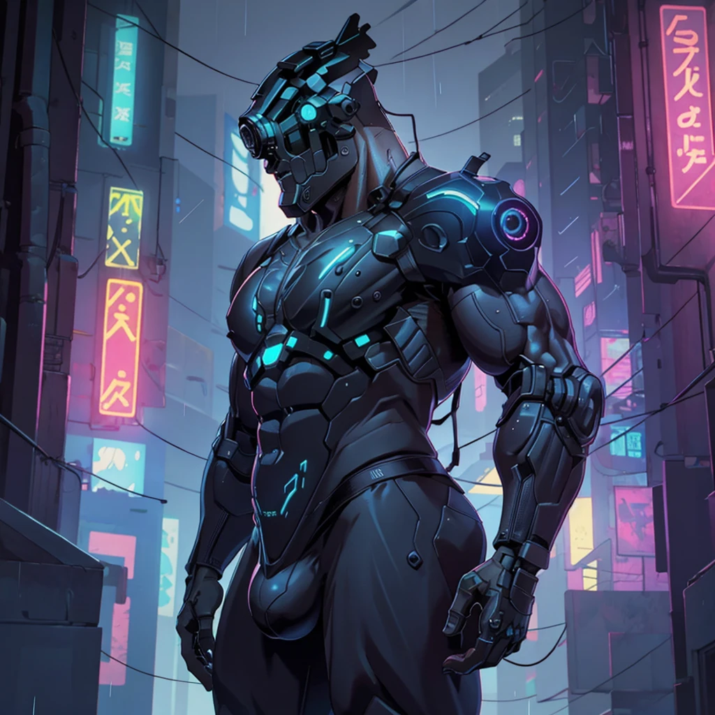 male, (muscular, full nude, only Glowing cyberpunk future helmet, big bulge,) realistic, human skinned, roof of building, night, rainy,