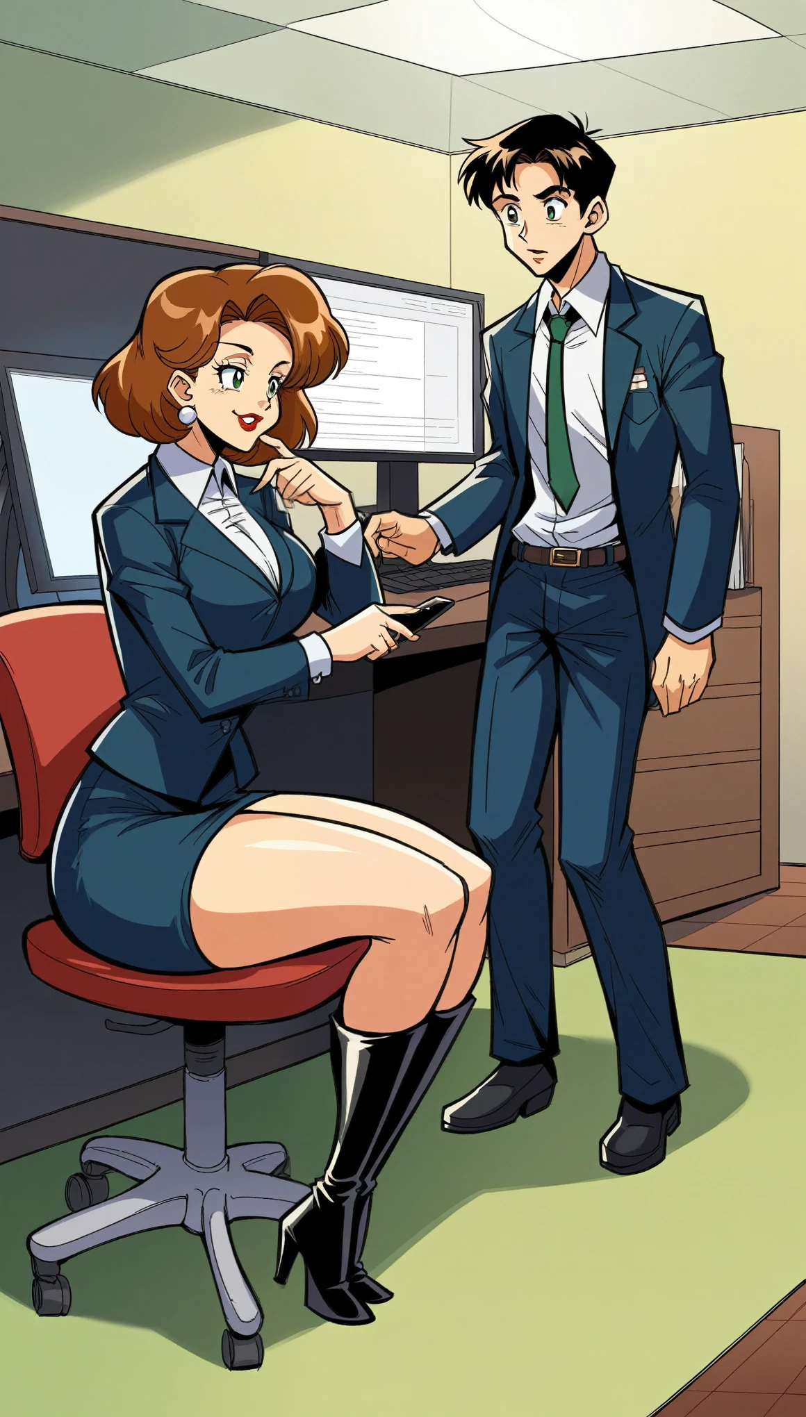 Atheltic woman playing with foreskin, hand on penis, office, colleagues, missionary, insemination