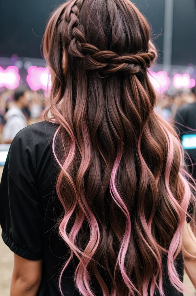 Girl at electronic music festival with brown hair, pink locks and wavy hair,  from behind with a striking black outfit without her face being seen.