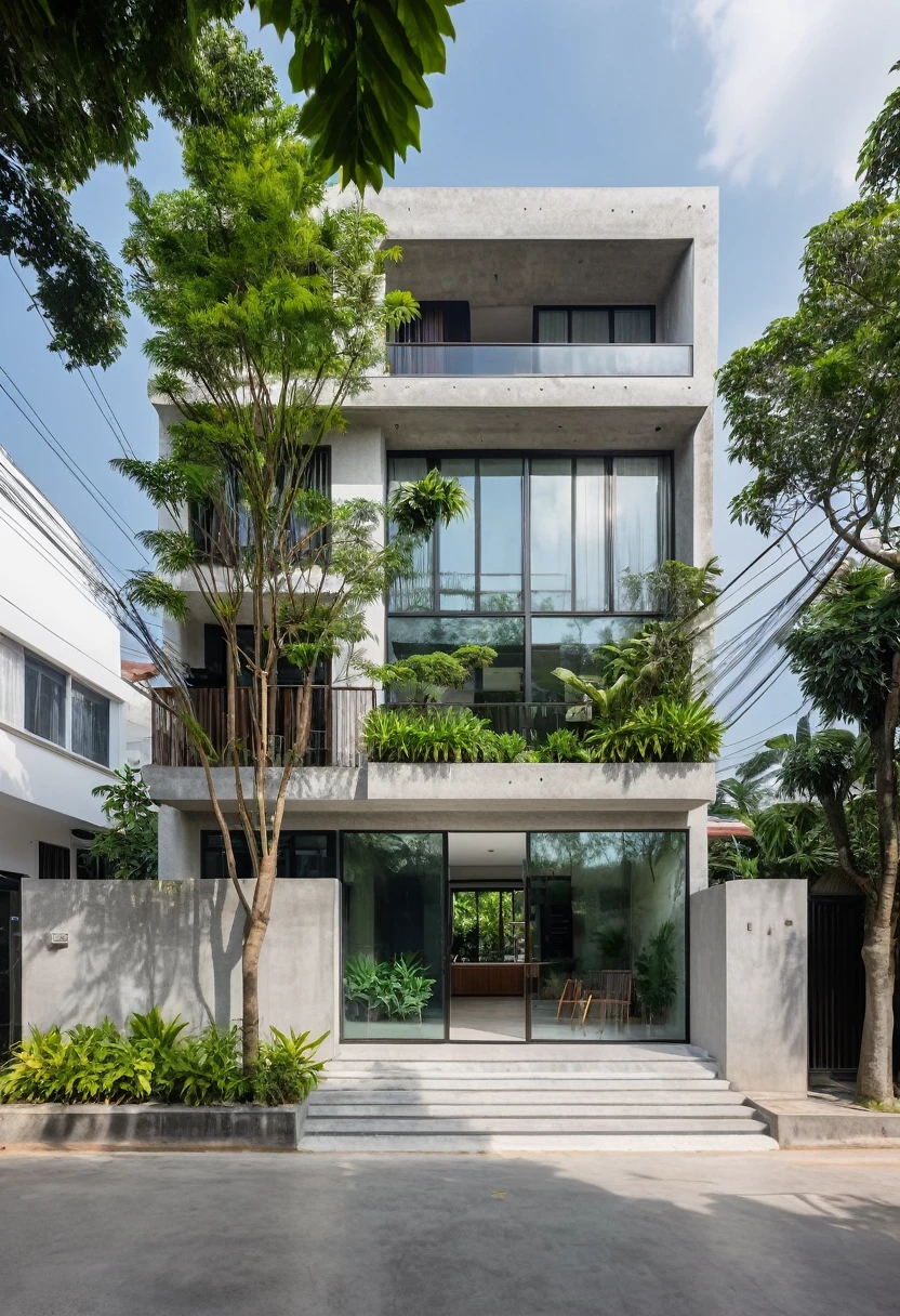 Modern two-story house in Võ Trọng Nghĩa style, concrete facade, green plants on balcony, large glass windows, big entrance door, on a street with a sidewalk, trees, minimalist design