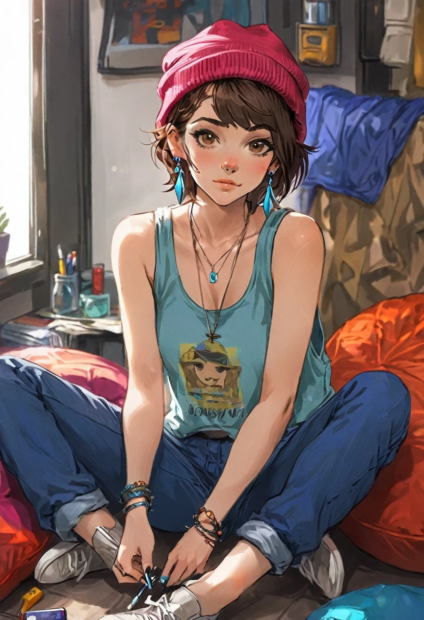 Adult female, mature, very short shaggy brown hair, brown beanie, brown eyes, baggy hipster clothes, tanktop, hipster room, chill demeanor, nonchalant, neutral expression, one blue feather earring, leaning back on bean bag, holding lighter, fully clothed, highly detailed, specific detail, perfect detail, perfect eyes, perfect hands