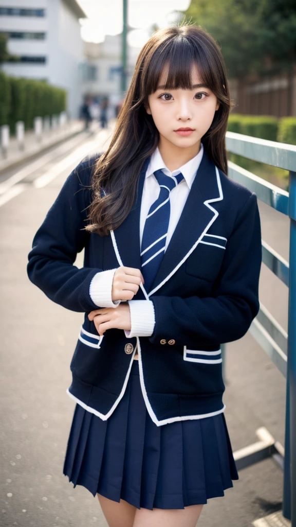 Top quality, high image, 1 woman, 18 years old, school stairs, black jacket, Medium breasts,white blouse,(plaid miniskirt), cotton panties,upskirt,from below1.3