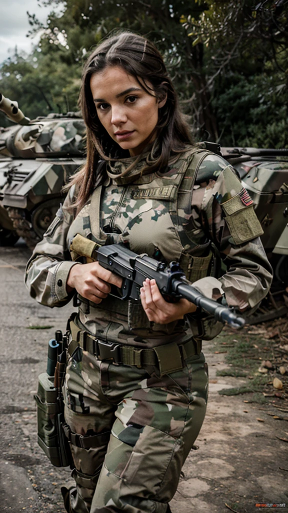 8k , quality, Artwork,arme , fusil d'assaut FAMAS, Special Force Woman, Tanks in scenery, large breast