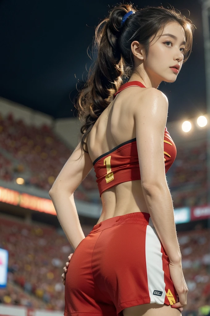 (((best quality))),(((ultra detailed))),(((masterpiece))),illustration,((1 beautiful girl,female footballer,solo)),((shoulder off,strapless,bare back,towering hips,butt crack)),((slim,thin)),summer night,stadium,crowded stands,enthusiastic spectators,football match,(short ponytail:1.2),(short sleeves:1.2),((Spain team kit,red shirt,blue shorts)),(slender legs:1.2),(football:1.3),fluid movements,powerful,sweat,forehead,exhaustion,passion for football,purposeful running,electric atmosphere,crowd roar,critical juncture,pressure,undeterred,floodlights,luminous glow,long shadows,drama,breathtaking sight,raw passion,unbridled energy,determination,skill,embodiment of sport's spirit,strength,resilience of human spirit,(standing:1.3),((from back,upper body))