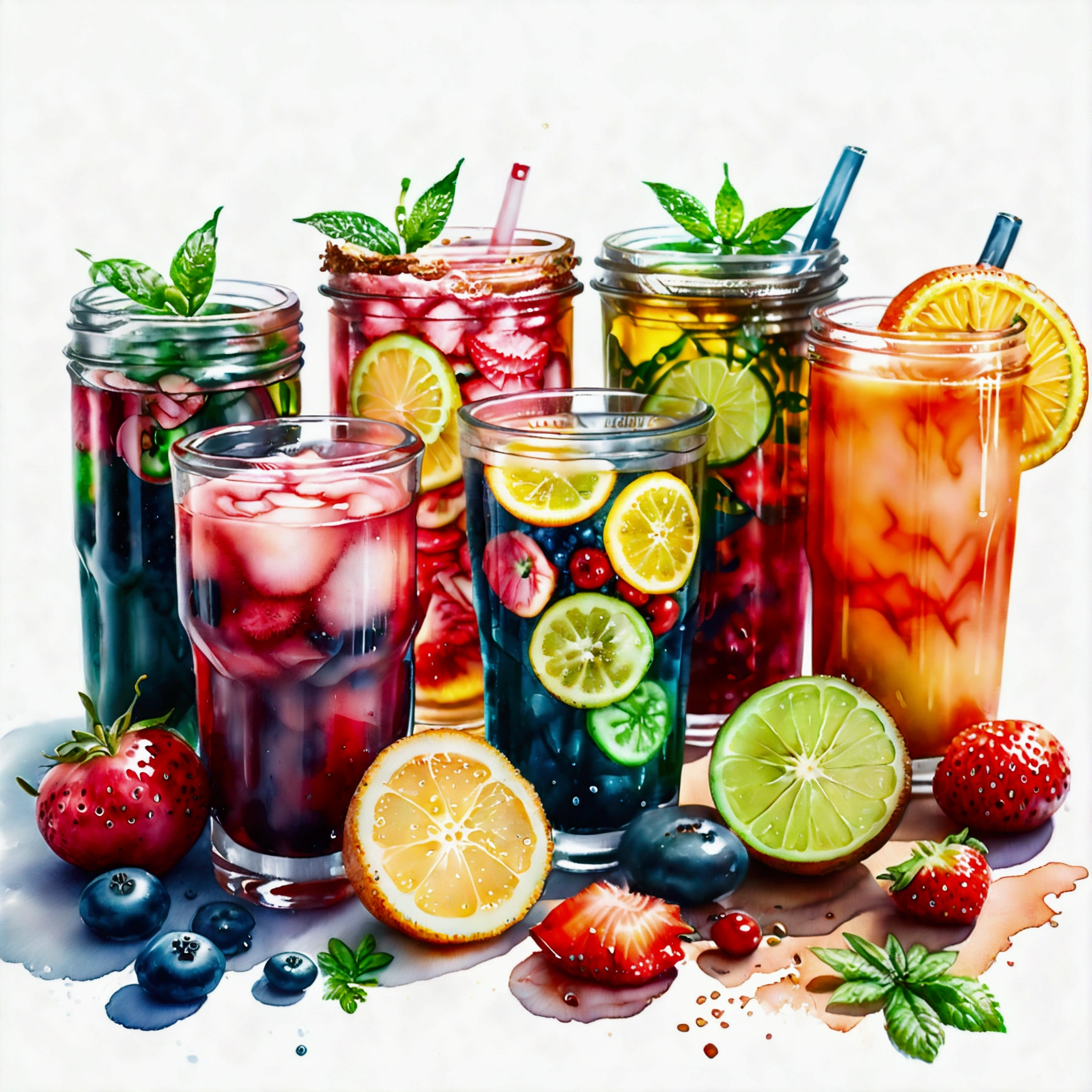 there are many types of colorful healthy drinks served in glasses, the glasses sitting on a surface, juices, smoothie and infused water , illustration, isolated with solid white background, surrounded with negative space, centered composition, highest detailed painting, very precise line, Isolated, clear solid white background, perspective angle of view, ((watercolor:1.5)), (lora:add-detail-xl:1), (masterpiece), (best quality), no bread on the floor, washed out color, (ghibli)