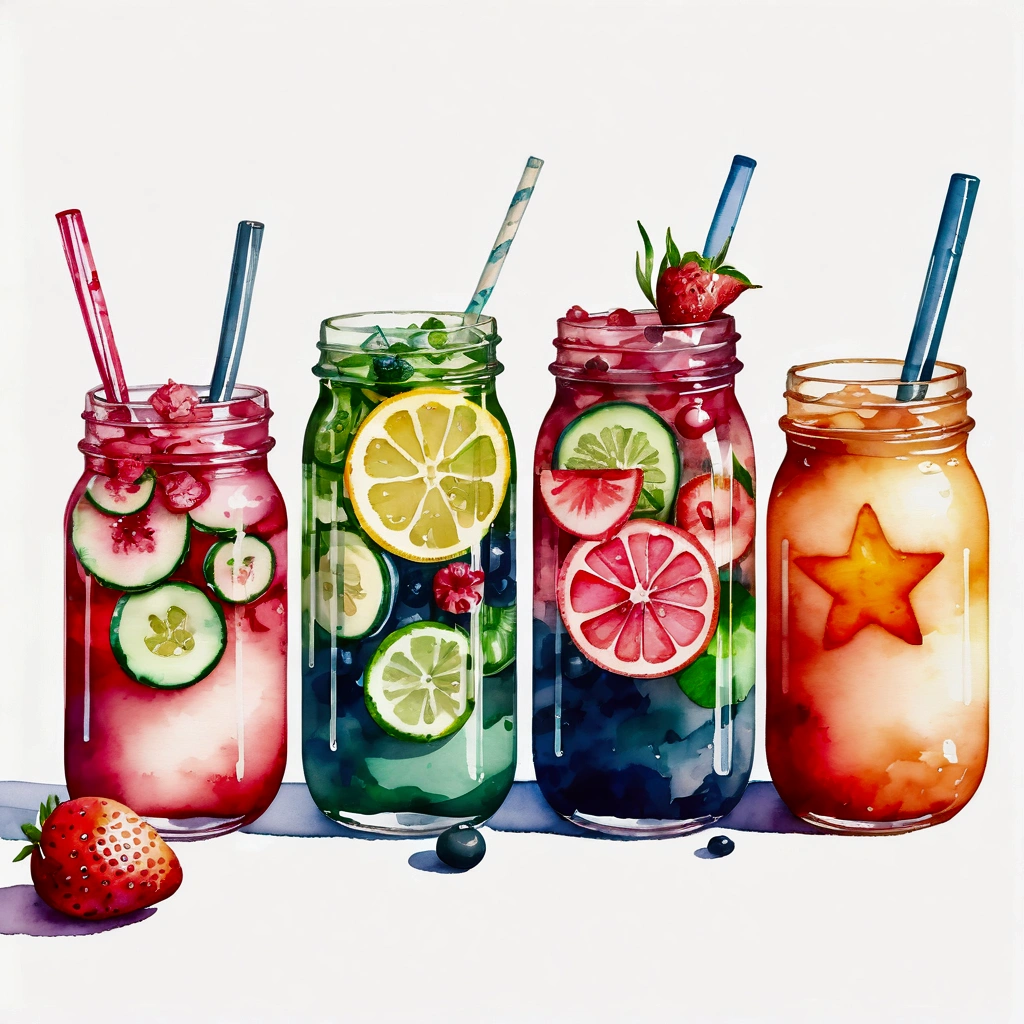 there are many types of colorful healthy drinks served in glasses, the glasses sitting on a surface, juices, smoothie and infused water , illustration, isolated with solid white background, surrounded with negative space, centered composition, highest detailed painting, very precise line, Isolated, clear solid white background, perspective angle of view, ((watercolor:1.5)), (lora:add-detail-xl:1), (masterpiece), (best quality), no bread on the floor, washed out color, (ghibli)