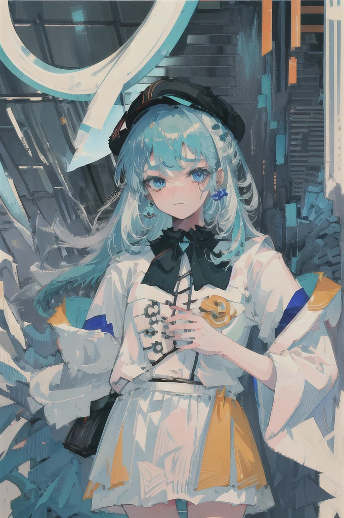 best quality, jppop art style, 1girl, green hair, classy, white dress, blue eyes, hat