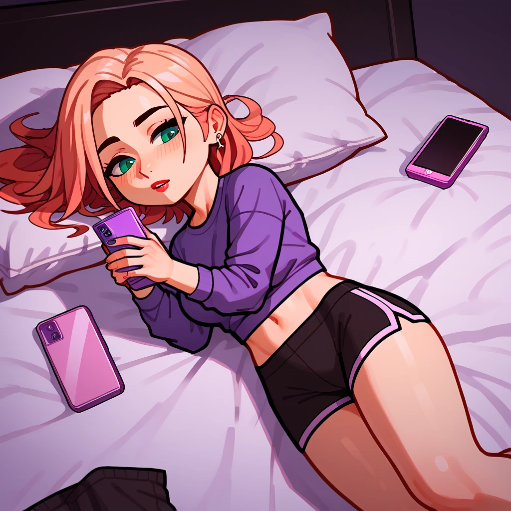 1 girl holding a phone in her hands, looking at the phone, lying on the bed
score_9,score_8_up,score_7_up,score_6_up,score_5_up,