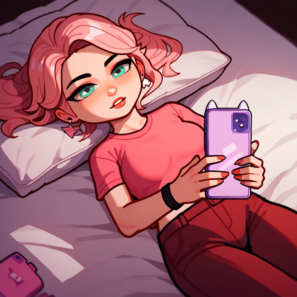 1 girl holding a phone in her hands, looking at the phone, lying on the bed
score_9,score_8_up,score_7_up,score_6_up,score_5_up,