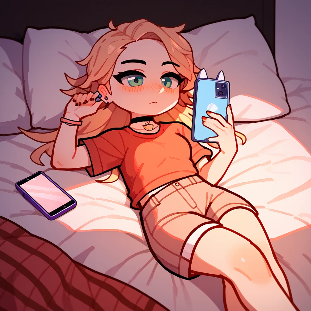 1 girl holding a phone in her hands, looking at the phone, lying on the bed

score_9,score_8_up,score_7_up,score_6_up,score_5_up,