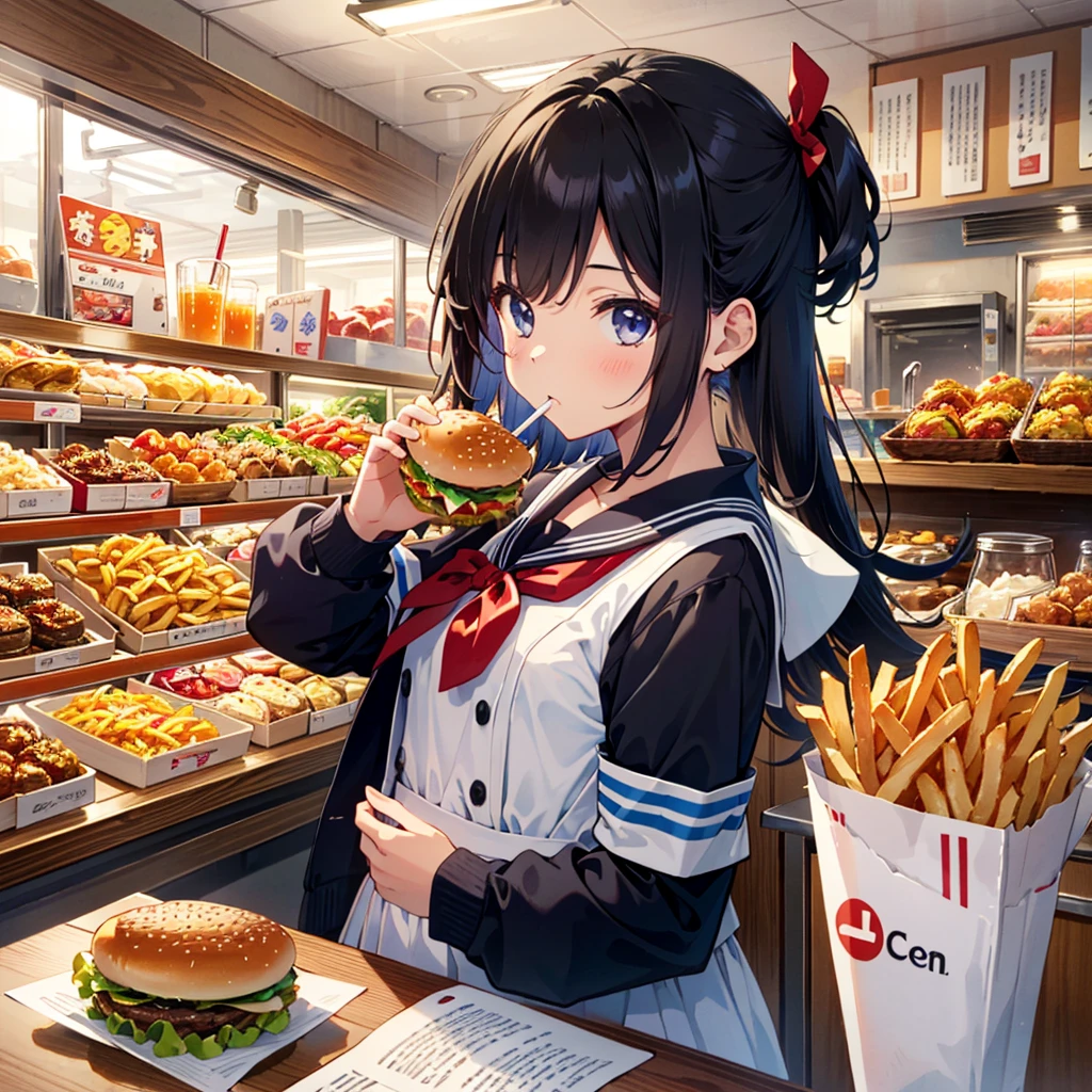 Masterpiece, highest quality, high resolution background, bright and beautiful atmosphere, 3 girls (2 years old, 1 short-tempered round face), 1 child) (hair, surface effects), small breasts, hamburger shop, holding a hamburger in his hand A girl, a girl eating a girl's hamburger from the side, a sailor suit, fries and juice in a paper cup on the desk, "deltamon_sdXL :0.73) >Deltamon