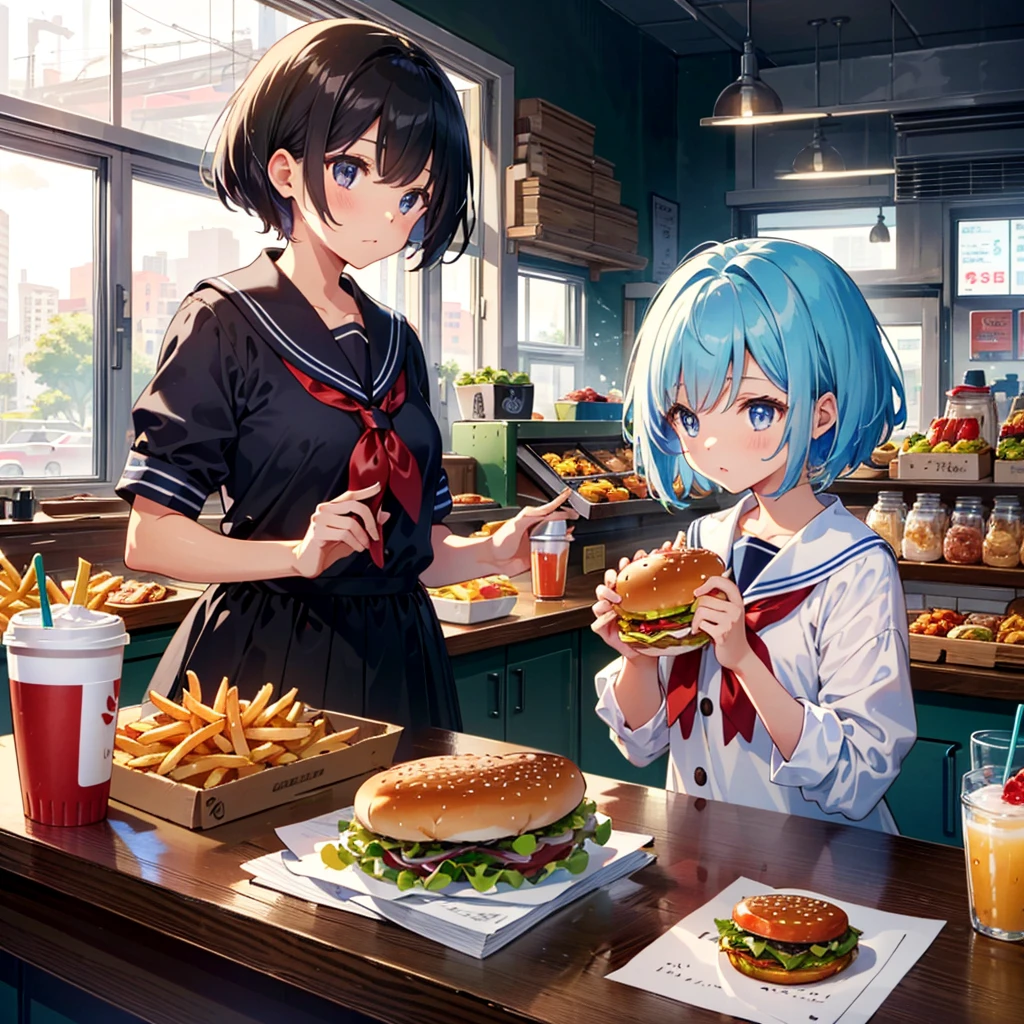 Masterpiece, highest quality, high resolution background, bright and beautiful atmosphere, 3 girls (2 years old, 1 short-tempered round face), 1 child) (hair, surface effects), small breasts, hamburger shop, holding a hamburger in his hand A girl, a girl eating a girl's hamburger from the side, a sailor suit, fries and juice in a paper cup on the desk, "deltamon_sdXL :0.73) >Deltamon