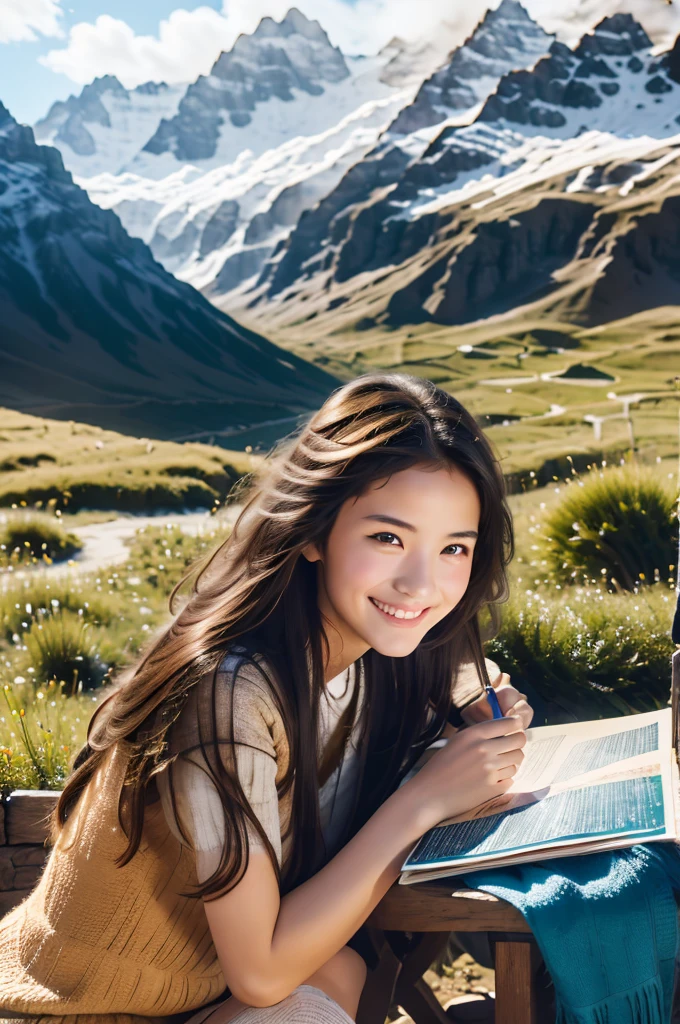 (absurdres, highres, ultra detailed, beautiful, masterpiece, best quality, )1 girl , half body shot,Mountains and steppe background、In front of a small hut、Sitting in a chair reading a letter、smile。