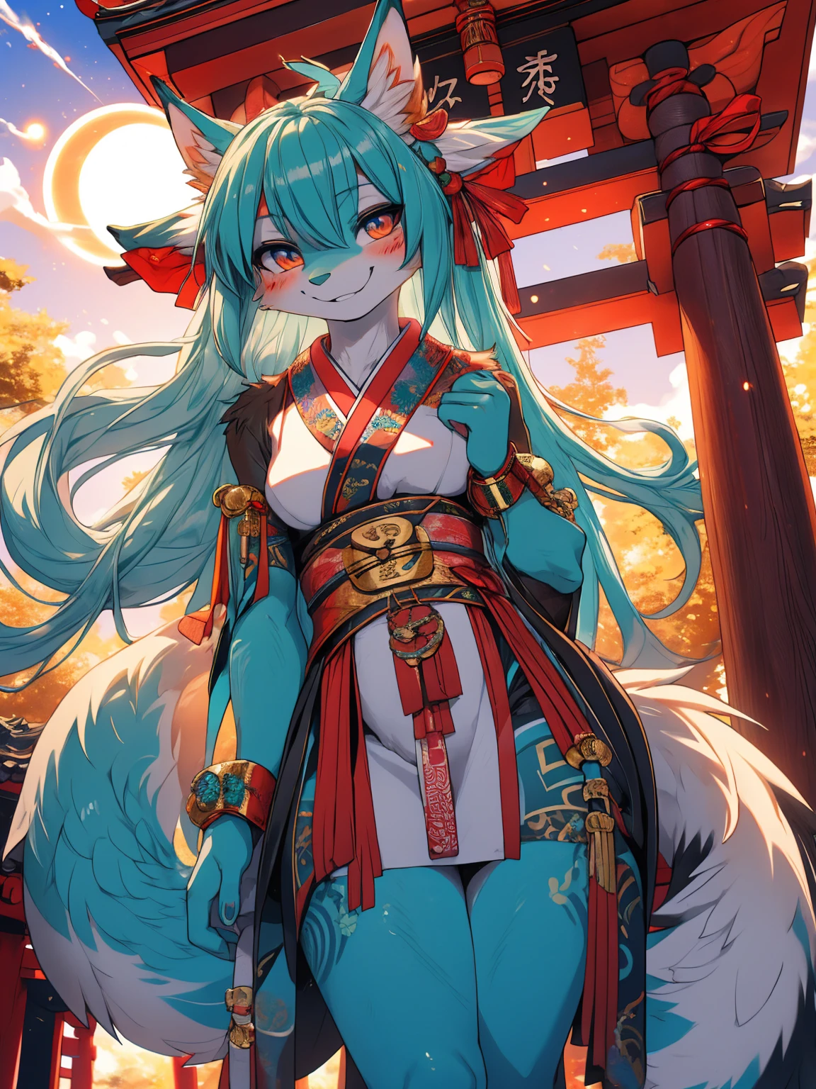 Miku Hatsune, add high definition_detail:1, blue fur,kitsune ears, tribal tattoo add_detail:1, arms in the air, japanese shrine costume add_detail:1, Smiling girl, model:breakdomain