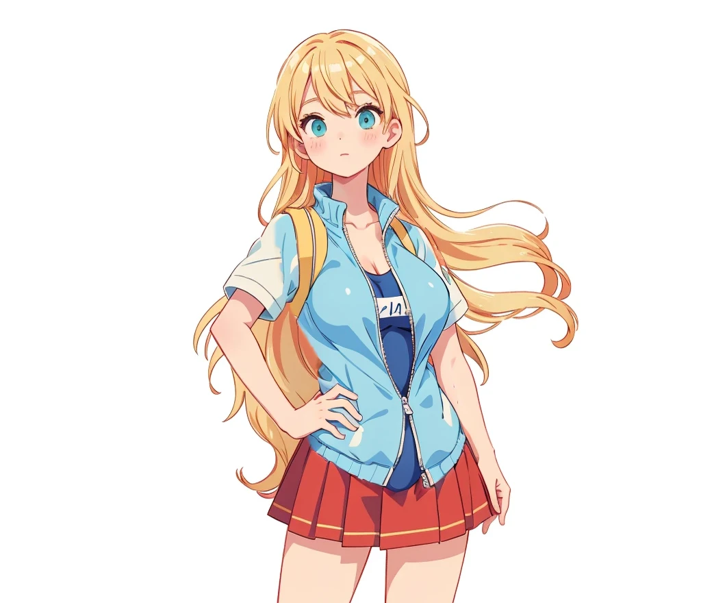 dark blue sukumizu, large breasts, one piece sukumizu, (facing to the right), one piece swimsuit, sukuuru mizugi, light blue jacket over clothes