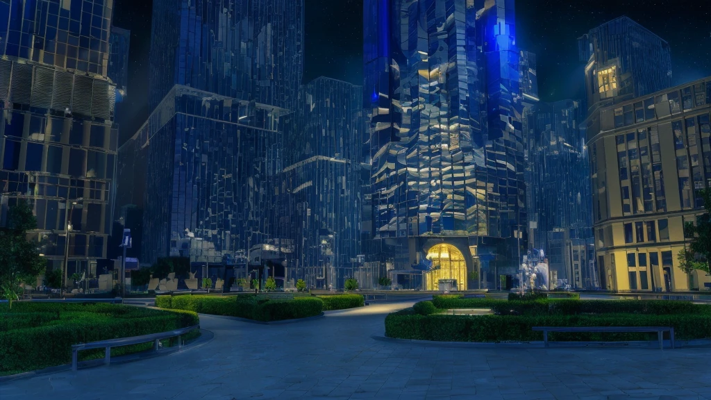 City night scene，Fountain and bell tower，city View，City night scene的視覺特效力量，高清city View，Realistic establishing shot。 3D Rendering，landscape concept art，Random background scenes，非常詳細的夜間city View，High-rise business district，Epic architecture in the center
