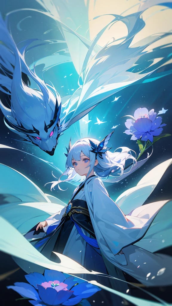 Highest quality,masterpiece,colorful,The background is the deep blue sea,Transparency,Use HDR technology to create a sense of depth,beautiful,beautiful自然,5 girl,Wearing a wizard's robe,Put your right hand forward,A strong light emanates from his right hand,Narrow and gentle eyes,mysterious,Silver hair decorated with blue flowers,Fantasy atmosphere,beautiful虹色の蝶々is flying in the air,Water Magic