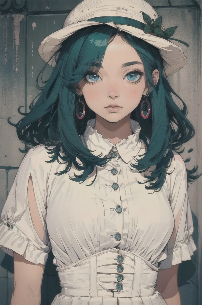 best quality, jppop art style, 1girl, green hair, classy, white dress, blue eyes, hat
