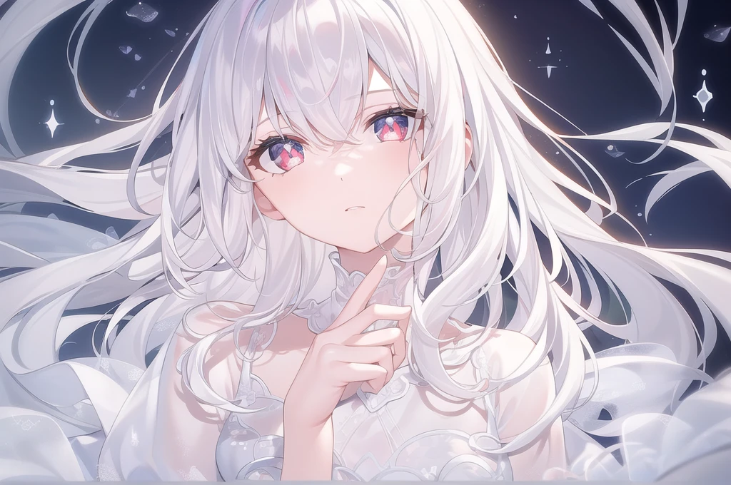 ((masterpiece, best quality))++, Detailed lighting+, Detailed hair+, Detail hand+ ,1 girl, Miss, Long hair, Crimson eyes, beautiful eyes, young white hair,,(Beautiful white hair:1.5),(Beautiful and delicate eyes), high resolution+,glass tint, Reflective eyes, {{angle}} , Very detailed wallpaper, The original, Air bangs,Extremely beautiful CG,