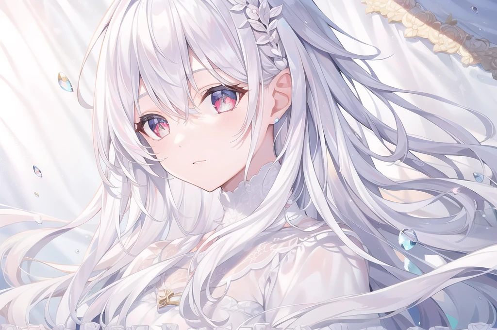 ((masterpiece, best quality))++, Detailed lighting+,  Detailed hair+, Detail hand+ ,1 girl, Miss, Long hair,   Crimson eyes,  beautiful eyes, young white hair,,(Beautiful white hair:1.5),(Beautiful and delicate eyes),  high resolution+,glass tint, Reflective eyes,   {{angle}} , Very detailed wallpaper, The original, Air bangs，Extremely beautiful CG，