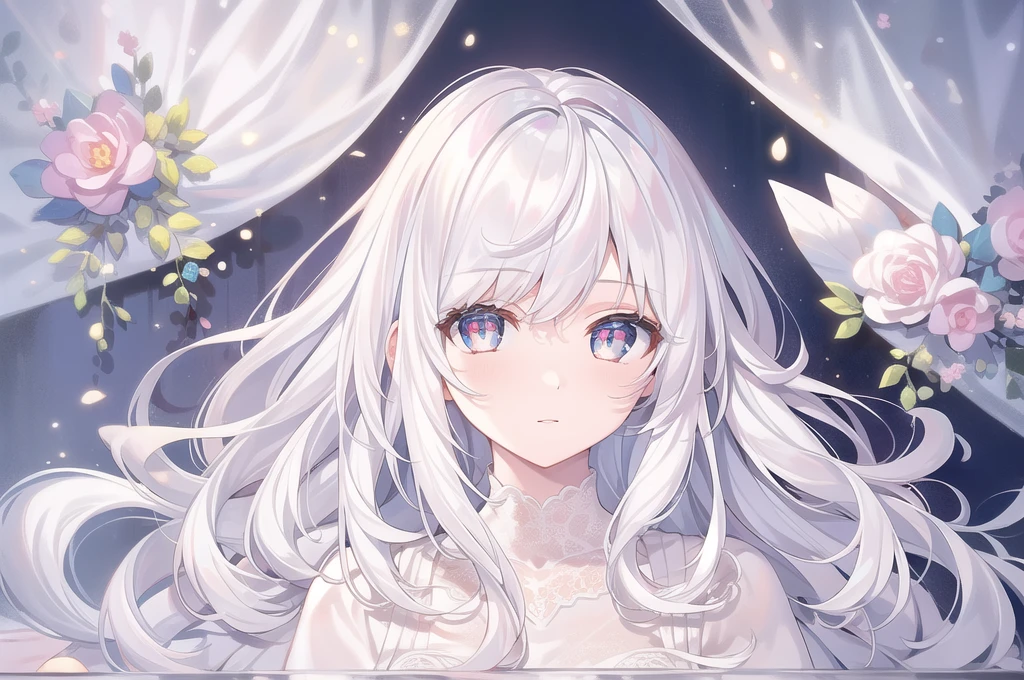 ((masterpiece, best quality))++, Detailed lighting+, Detailed hair+, Detail hand+ ,1 girl, Miss, Long hair, Crimson eyes, beautiful eyes, young white hair,,(Beautiful white hair:1.5),(Beautiful and delicate eyes), high resolution+,glass tint, Reflective eyes, {{angle}} , Very detailed wallpaper, The original, Air bangs,Extremely beautiful CG,