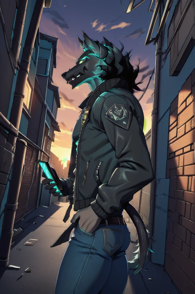 Cerberus-fortnite, best quality, masterpiece, hentai cg, intricate details, 1boy, dark alley, bomber jacket, jeans, cowboy shot, dutch angle, people at distance:1.2, looking at phone,  sunset, volumetric lighting,