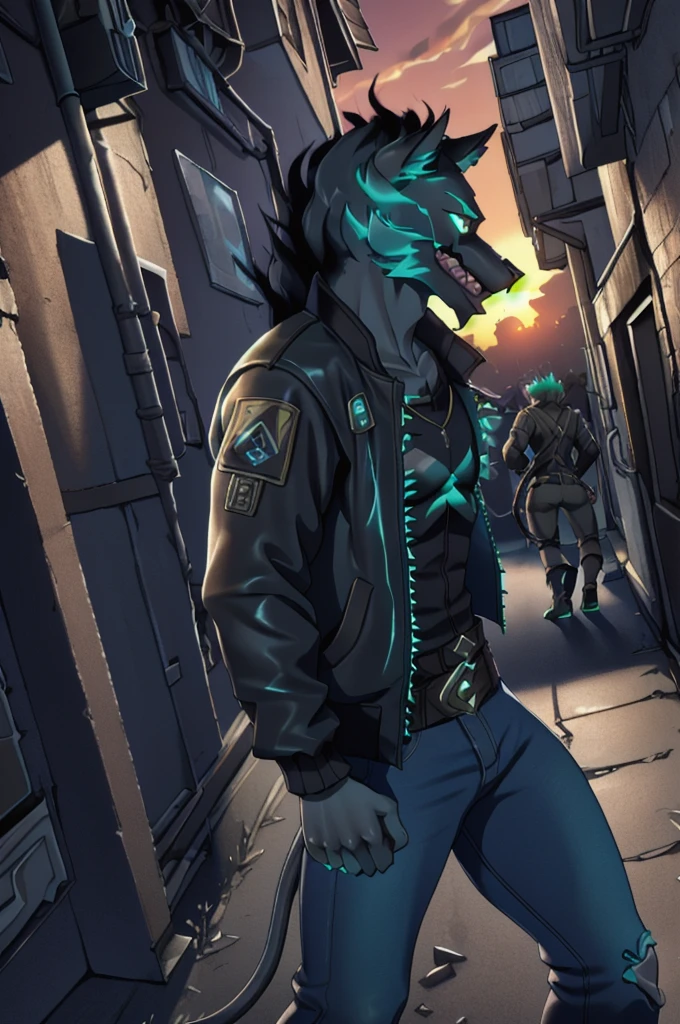 Cerberus-fortnite, best quality, masterpiece, hentai cg, intricate details, 1boy, dark alley, bomber jacket, jeans, cowboy shot, dutch angle, people at distance:1.2, looking at phone,  sunset, volumetric lighting,