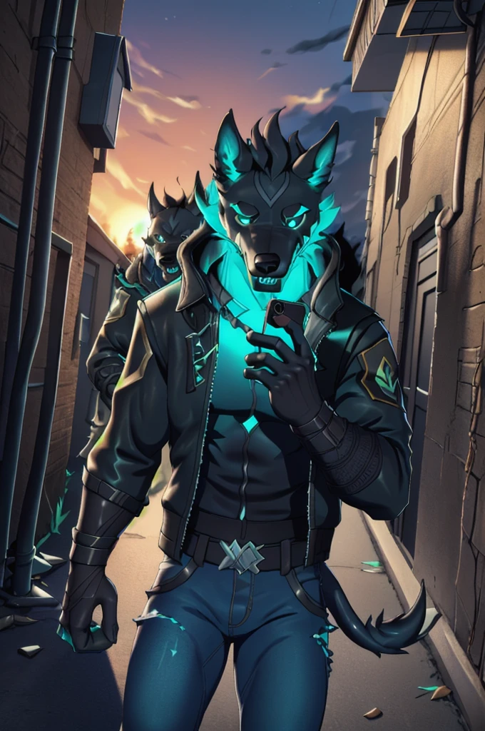 Cerberus-fortnite, best quality, masterpiece, hentai cg, intricate details, 1boy, dark alley, bomber jacket, jeans, cowboy shot, dutch angle, people at distance:1.2, looking at phone,  sunset, volumetric lighting,