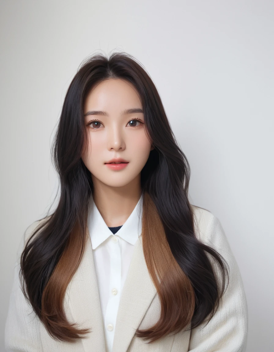 Best Quality, 8k, Masterpiece, (Portrait: 1.3), (photo realistic:1.4), (hyper realistic:1.4), Sharp Focus, looking at viewer, (smoother lighting:1.1), (increase cinematic lighting quality:0.9), realistic lighting, backlighting, light on face, ray trace, (brightening light:1.2), (Increase quality:1.4), sharp detail, (best quality real texture skin:1.4), finely detailed eyes, black_eyes, finely detailed face, 25 year old Korean woman