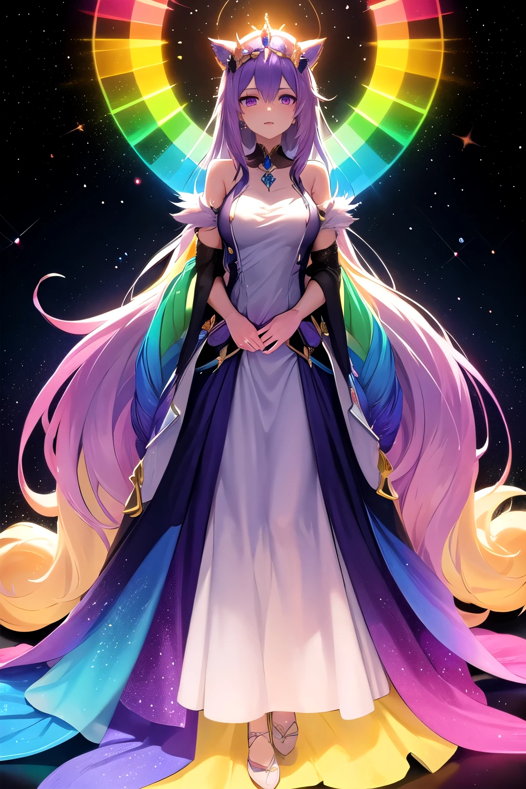 half length body image of an older woman with long light purple hair, purple eyes, foxtails, in a long rainbow dress, a crystal crown on her head, and crystal rainbows in the background
