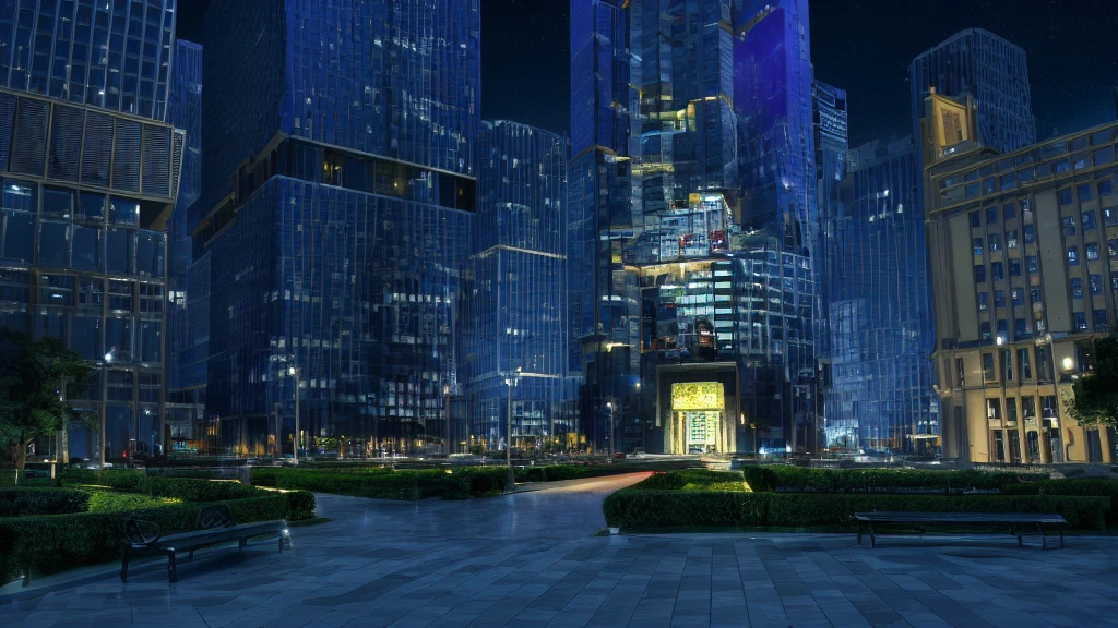 City night scene，Fountain and bell tower，city View，City night scene的視覺特效力量，高清city View，Realistic establishing shot。 3D Rendering，landscape concept art，Random background scenes，非常詳細的夜間city View，High-rise business district，Epic architecture in the center