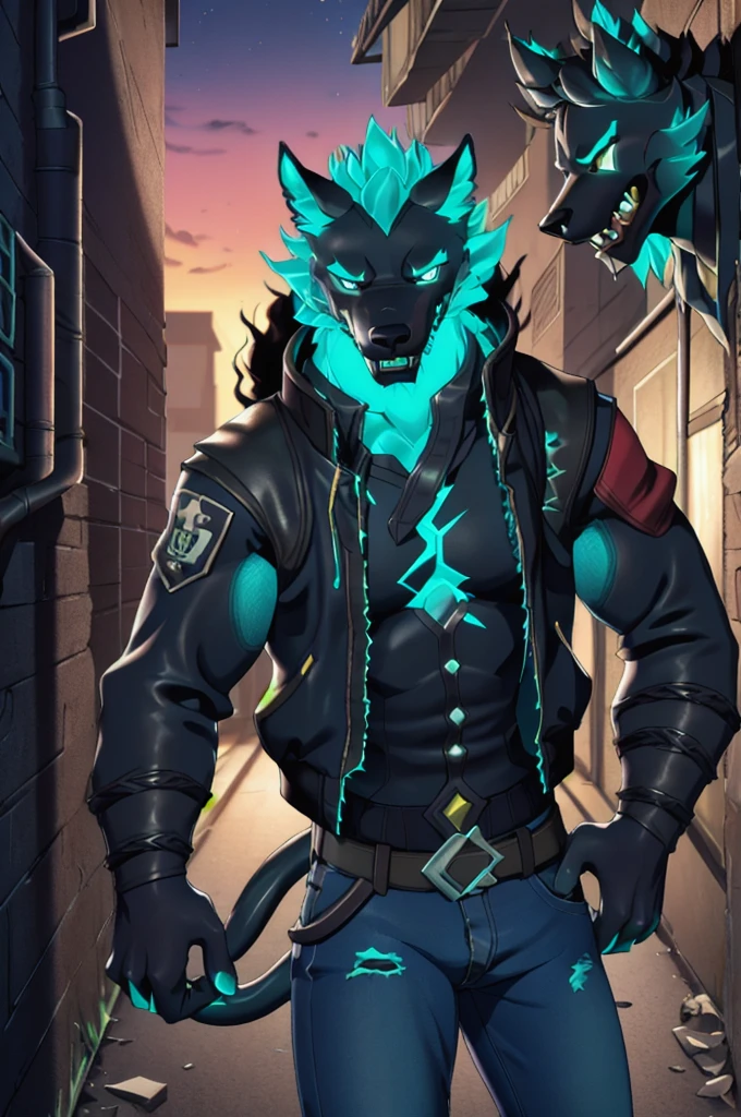 Cerberus-fortnite, best quality, masterpiece, hentai cg, intricate details, 1boy, dark alley, bomber jacket, jeans, cowboy shot, dutch angle, people at distance:1.2, looking at phone,  sunset, volumetric lighting,