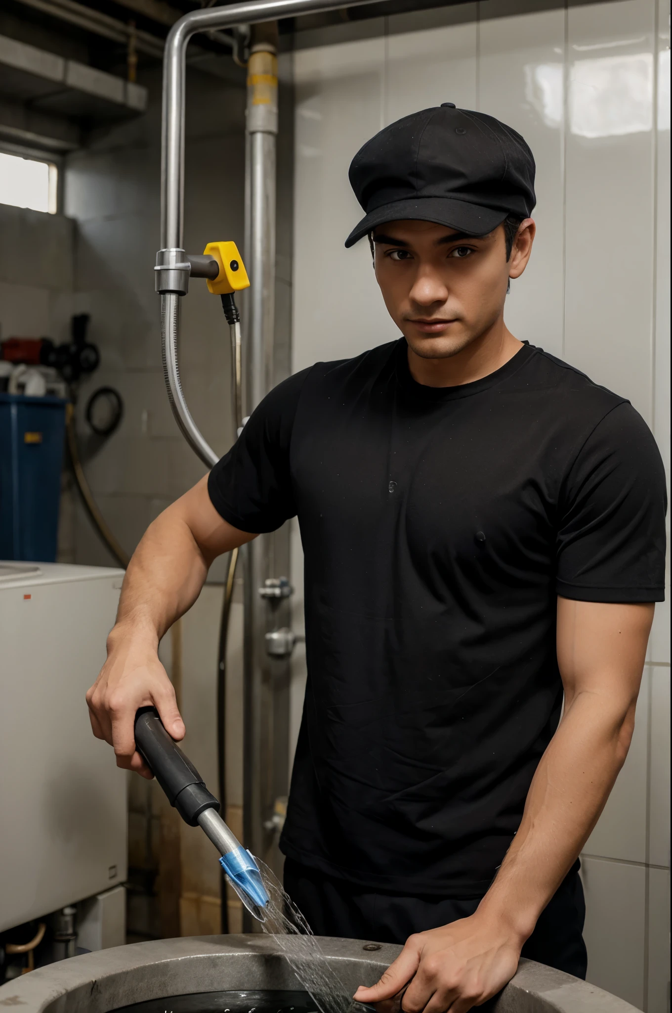 man in worker uniform , half body , holding karcher washer , wearing black cap