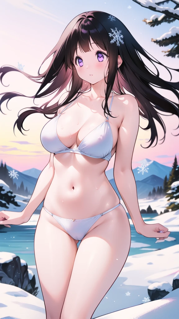 Chitanda，只有一个beautiful girl，Purple Eyes, Black Hair, Natural straight hair, Straight bangs，Extremely refined，open your lips，Face is so red，Very white skin，Skin as delicate as porcelain，Glowing skin，big eyes，Flowing long hair，beautiful girl, Like a dream，Slim，Slim waist，Soft, (Sensual), (Kawaii), Dream quality，Sweaty and sweaty，Wet skin，Side ???????，snowflake，Playing in the snow on the snow mountain，Standing，White transparent ??????，Profile，（Completely ?????），Gluteal groove，The outline of the ??????? is visible through clothing，Completely ?????的背部，nacked hip，very close，Deep V neckline，Loose neckline，Beautiful ???????????，????????，nopan，????????，???? shoulders，There are no shoulder straps，Exposed collarbone，Delicate clavicle，Delicate hands and feet，???? neck，There are ?????????? around the neck，???? thighs，Exposed groin，?????????，extremely shy，Ultra-high resolution, (masterpiece:1.2, best quality), (Delicate and beautiful eyes: 1.2), (Beautiful and delicate face)